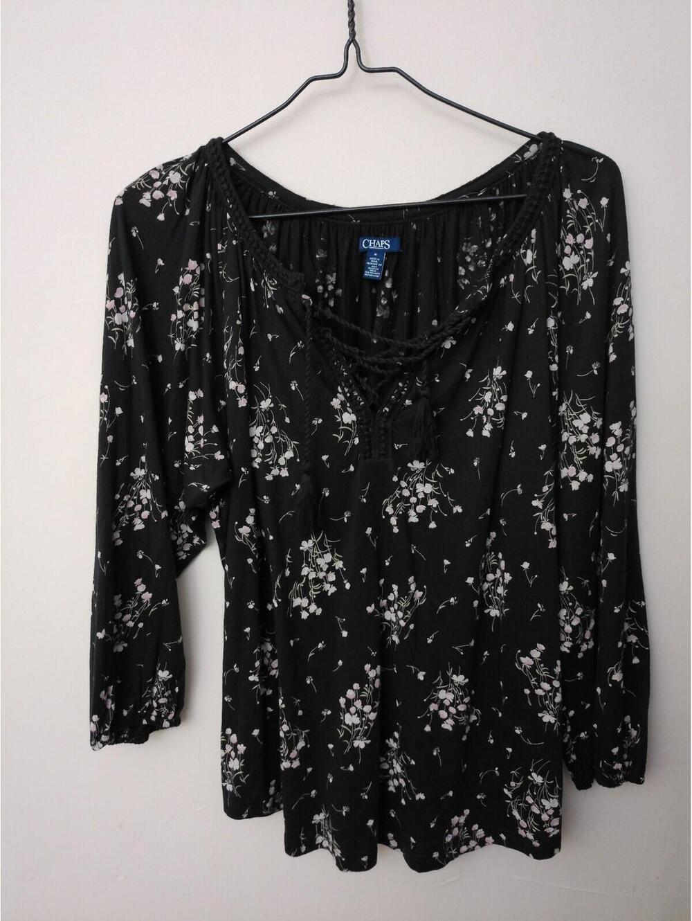 Chaps Blouse Womens Black Floral Peasant Top Size M Long Sleeve Lace Up Boho